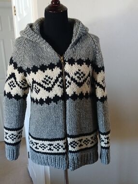 Handmade Grey Hooded Zip-Front Fair Isle Design Sweater